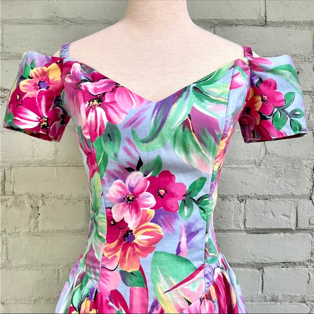 Floral Off The Shoulder Basque Waist Midi Party Dress - Picture 3 of 9